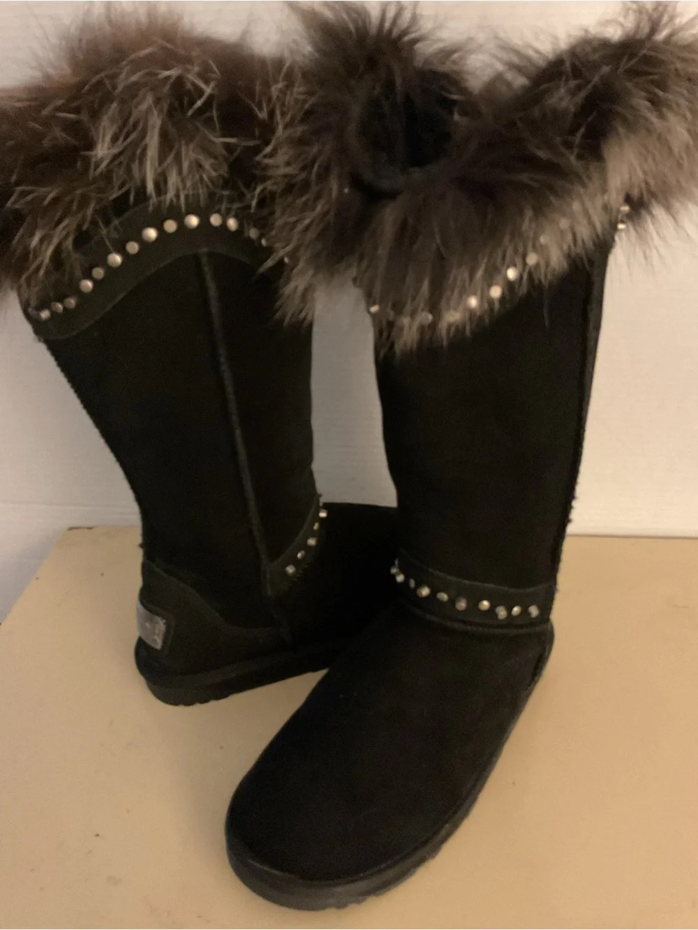 Australia collection women black suede fur stud tall boots US 8